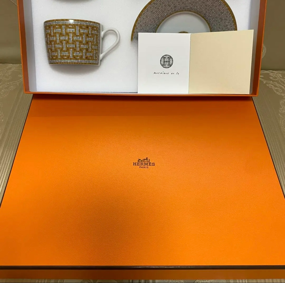 HERMES Mosaique Au 24 Tea Cup Saucer Tableware 2 set Gold HERMES Mosaique Au 24 Tea Cup Saucer Tableware 2 set Gold