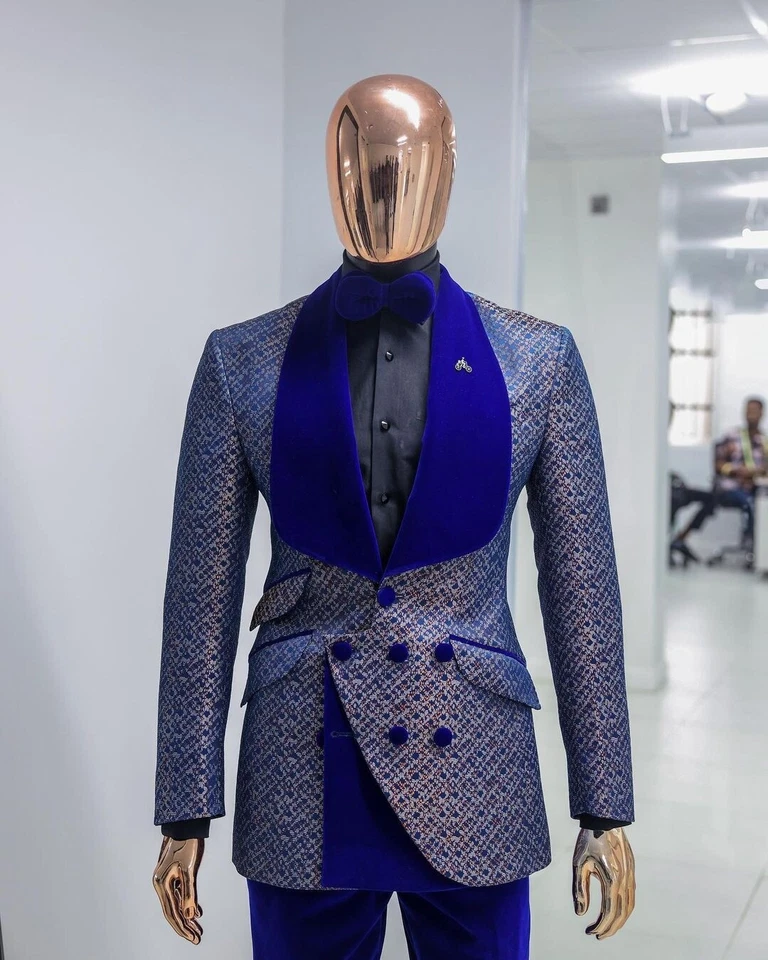 Trajes de diseño nuevos para hombre 2 piezas chal solapa doble pecho boda banquete ropa Foto 4 de 4