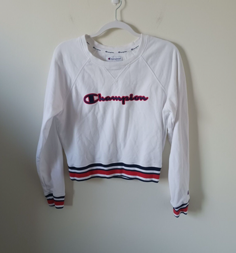 Champion Reverse Girls Sweatshirt Pullover Size S White Blue Striped Crew Neck