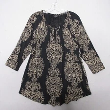 Lucky Brand Top Women Plus 1X Black Tan Boho Peasant Cottage Core 3/4 Sleeve