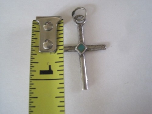 Sterling Silver Turquoise Cross Pendant Handmade Navajo Unsigned No Marks - Picture 3 of 4