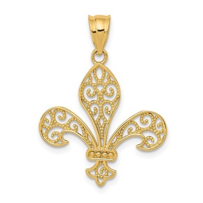 14k Gelbgold Fleur-de-Lis Anhänger filigran französisches Symbol Königtum Reinheit Frauen