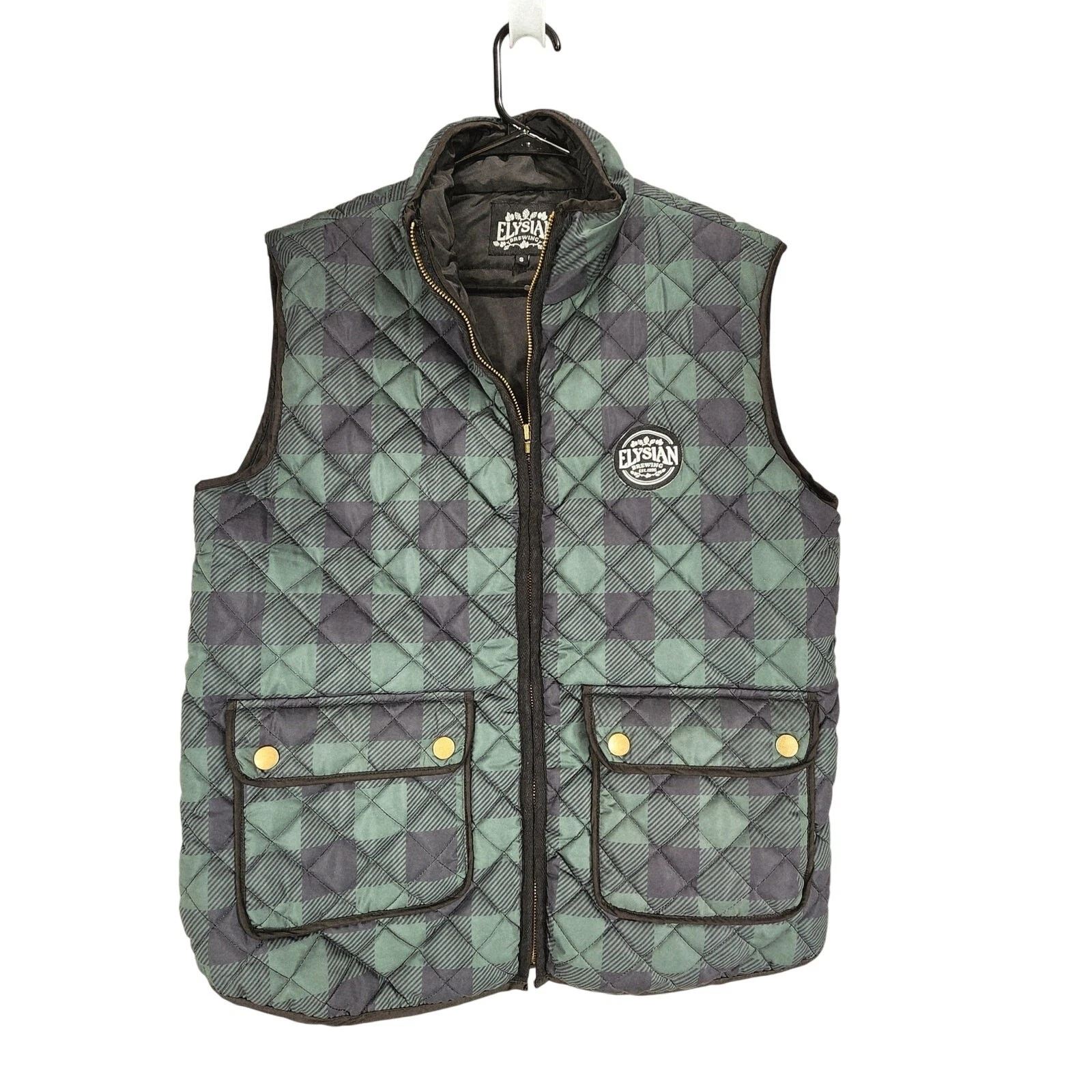 Elysian Brewery Puffer Vest sz S Men Quilted Buffalo Plaid Green Black Pockets
