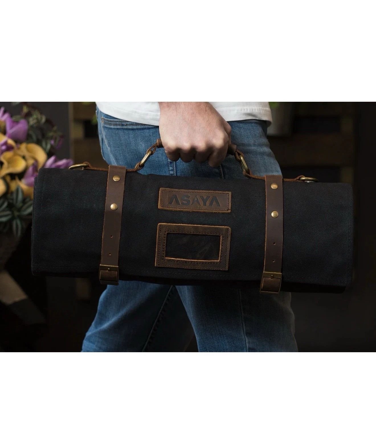 Asaya Chef Knife Roll Bag - 15 Slot Pockets for Knives and Kitchen Utensils