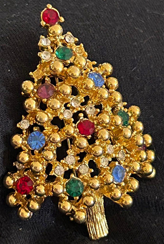 Vintage EISENBERG Christmas Tree Brooch Multicolor Rhinestone Gold Tone Signed