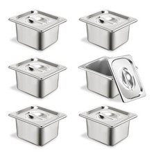 6 Set Stainless Steel Hotel Pans 1/6 Size 4 Inch Deep With Lids, Anti-Jam Cha...