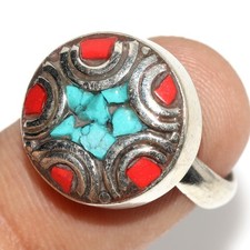 10gms Tibetan Turquoise Red Coral Nepali Tribal Ring Size US FreeSize GW