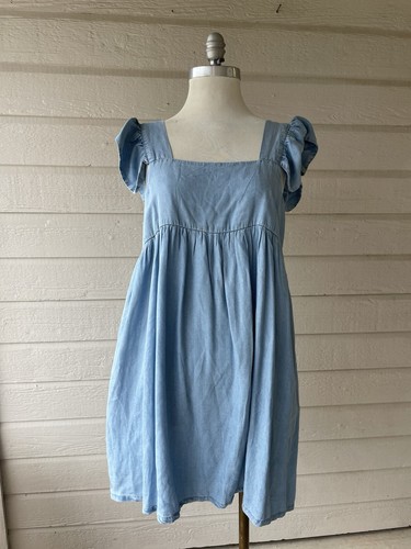 Miou Muse Women’s Size L Blue Chambray Square Neck Dress Puff Sleeve Tank
