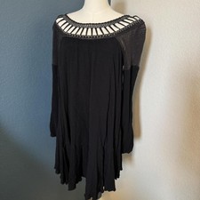 Free People Black Crochet Trim Long Sleeve Tunic Dress, Small