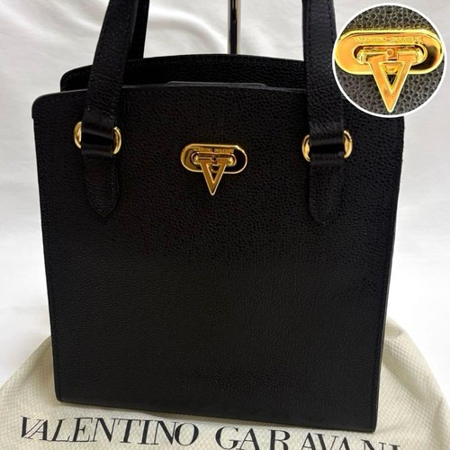 VALENTINO GARAVANI V Logo Leather Tote Bag Black Gold Hardware Vintage Rare