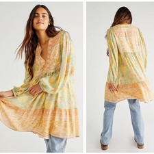 SPELL & THE GYPSY Butterfly Boho Tunic Dress Green Yellow Pastel Sz S $275 {Y8}