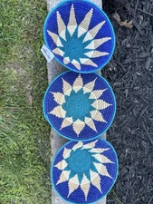Set of 3 African Woven Wall Baskets | Blue Cream Star Design | Handmade Decor