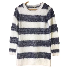 Hem & Thread blue white striped fuzzy sweater long cozy eyelash WOMENS SMALL