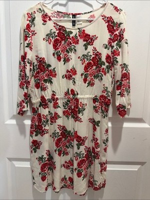 H&M Divided- Cream 3/4 Long Sleeve Mini Dress with Red/Pink Rose Print -Size 12