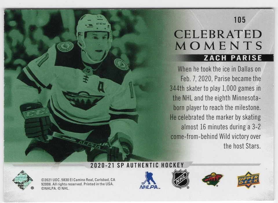 2020-21 SP Authentic Zach Parise Card #105 Celebrated Moments Minnesota Wild - Image 2 of 2