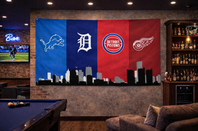 Detroit Teams Skyline Flag Lions Tigers Pistons Red Wings Man Cave Wall Banner