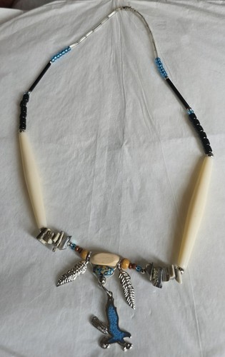 SW Native Style 20" Necklace Metal Eagle & Feathers Faux Beads MOP Bits