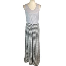 Sonoma Woman’s Maxi Dress Size M Sleeveless Drawstring Waist Gray Green Stripe