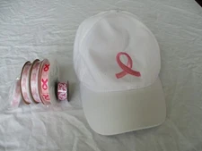 Breast Cancer Awareness Pink Ribbon Ball Cap Adjustable Hat & 5 spools of Ribbon