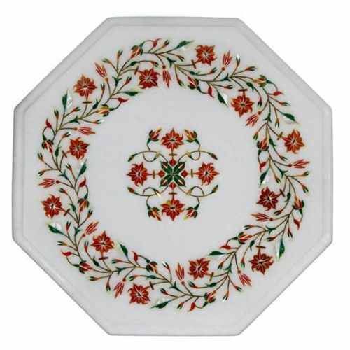 12-inch white marble tabletop with semi-precious stone inlay art decor