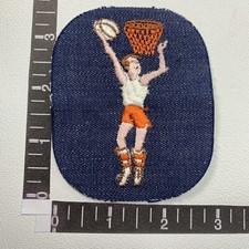 Vtg. Denim Old School Basketball Player Jacket Patch Orange Shorts Version 56Z
