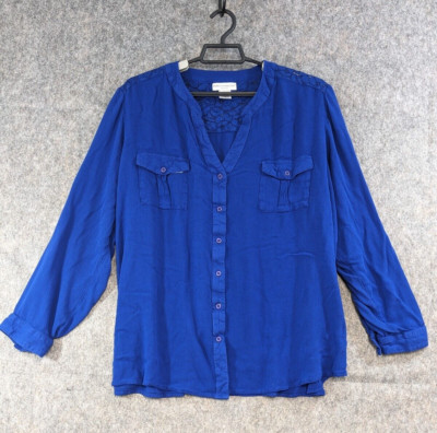 Rebecca Malone Top Women 2X Blue Button-Up Long Sleeve Lace Back Yoke V-Neck