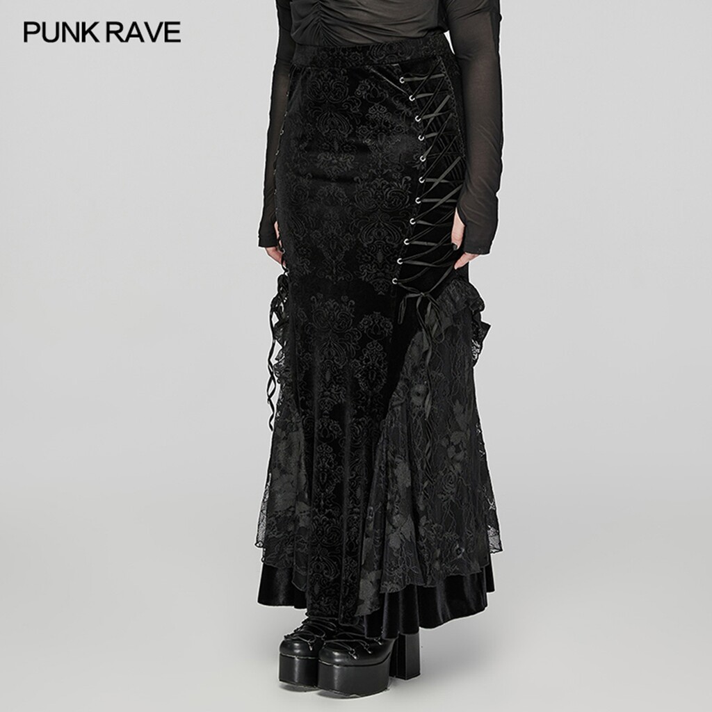 Punk Rave Black Gothic Velvet Drawstring Design Fishtail Plus Size