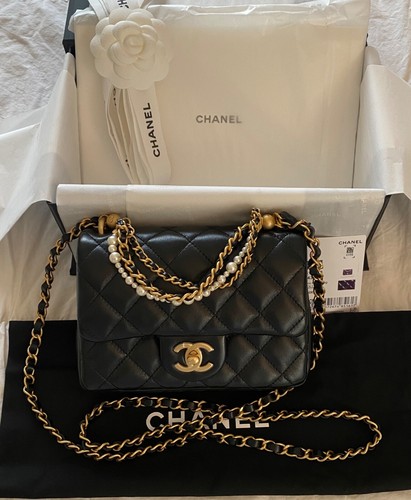 Chanel Classic Mini Black Flap Bag Top Handle Pearl Chain Strap Limited Edition