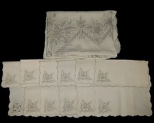 VINTAGE American Tan Linen TABLECLOTH and 12 NAPKINS Wonderful USA Made Quality