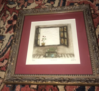 Ventana Signed Etching Window #13/50 Hand Colored Framed Matted Nette 11.25  sq