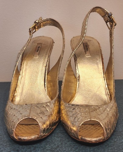 Miu Miu Wedge Heel Women EU 39 Gold Vero Cuoio Back Buckle Open Toe Real Leather - Picture 5 of 12