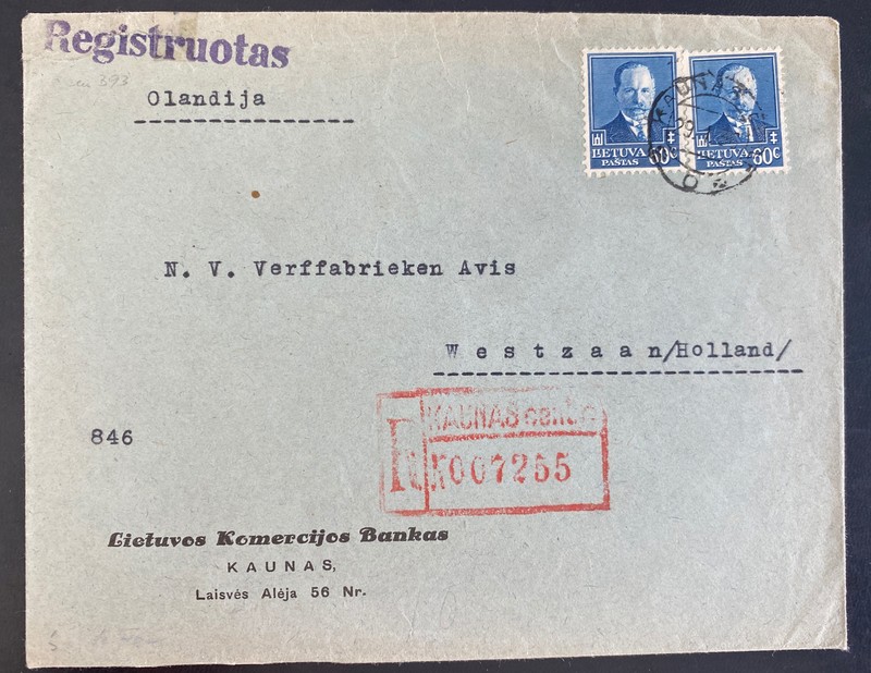 1936 Kaunas Lithuania Commercial Bank Cover To Westzaan Netherlands