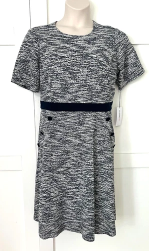 NWT LIZ CLAIBORNE WOMEN SZ 12 MARLED NAV Y STRECH SHORT SLEEVE CAREER MIDI DRESS