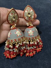 Indian pakistani jewellery menakari long jhumki earrings hand painted