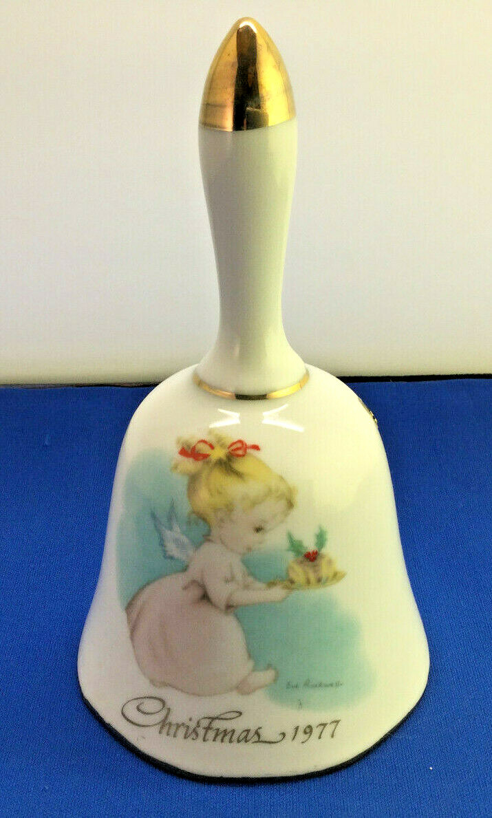 Vintage 1977 Christmas Bell Old Sweet Angel Girl Eve Rockwell Gold