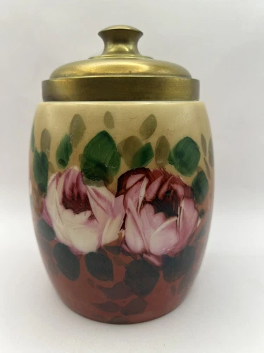 Vintage Hand Painted Milk Glass BISCUIT Cookie Trinket Jar w/ Brass Lid ROSES