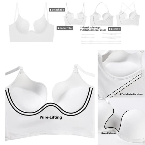 Women Low Back Bra Wire Lifting Deep U Backless Bra With Convertible Clear Strap - Picture 10 of 36