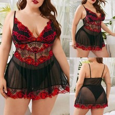 Plus Size Women Sexy Lace Lingerie Dress G-String Babydoll Nightwear Sleepwear