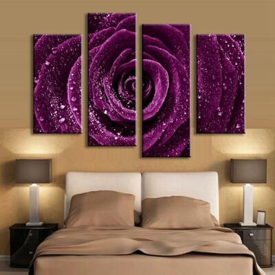 Purple Violet Rose Flower Raindrops Framed 4 Piece Nature Canvas Wall Art Image 