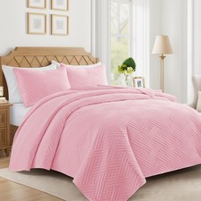 Pink Quilt Queen Size with Striped Pattern, Lightweight Soft Summer Thin Micr...
