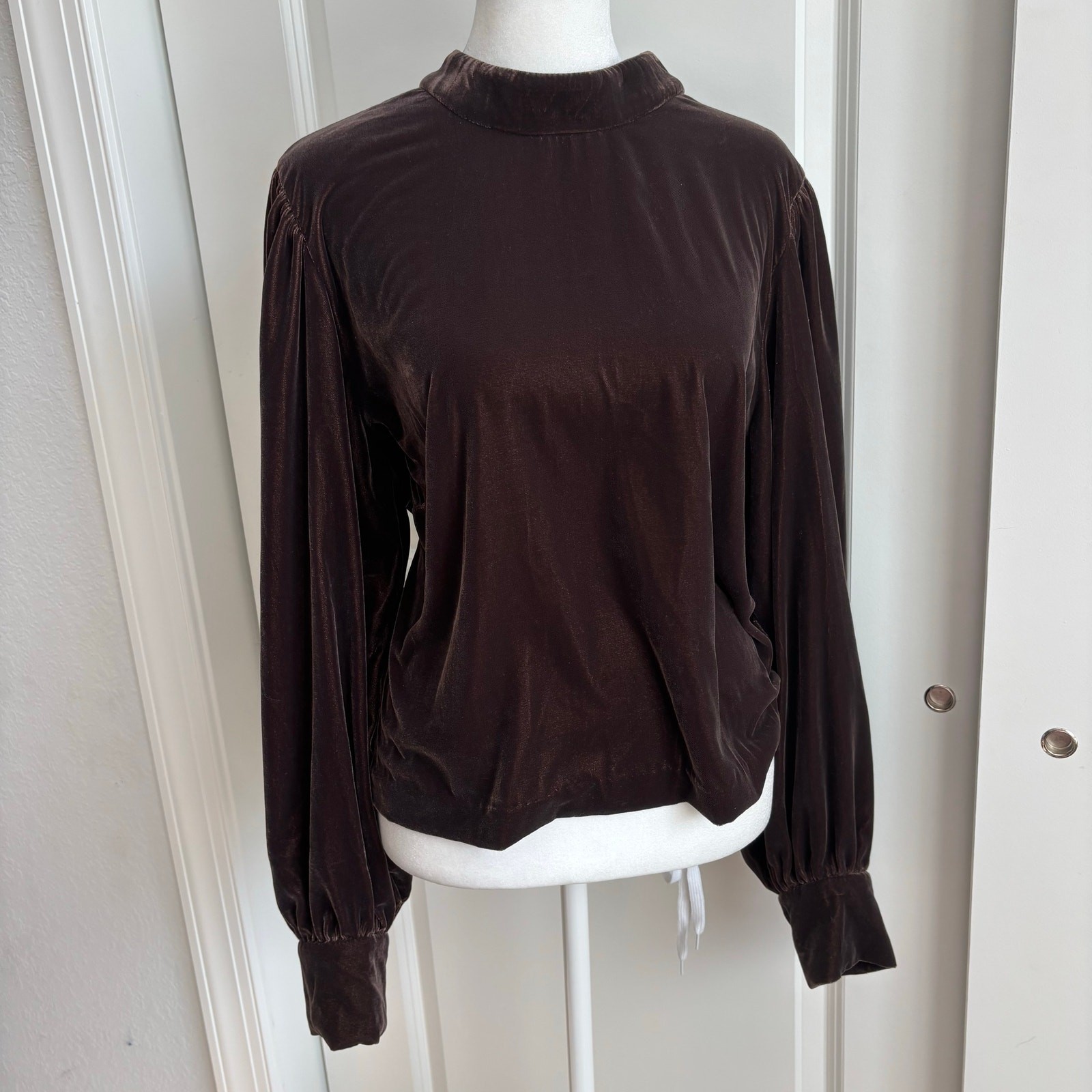 Banana Republic Cropped Velvet Long Sleeve Blouse Mock Neck XL Brown Neutral