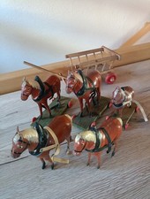 5 Pferdchen Antik 12&times;10cm geschnitzt  Wagen Holzspielzeug Bauernhof Erzgebirge