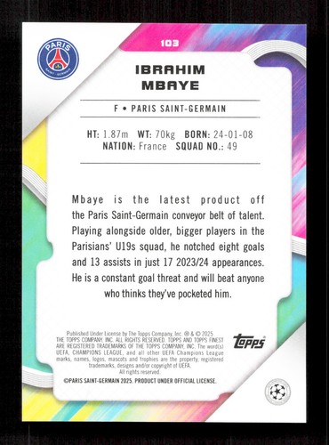 Topps Ibrahim Mbaye Rose Gold Mini Diamond Refractor /50 RC Finest UCC 2024-25 - Picture 2 of 2
