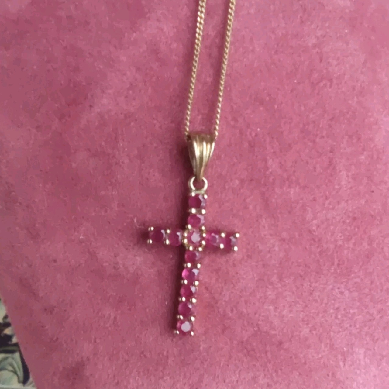 Vintage 9ct Solid Gold Ruby Cross Necklace Religi… - image 1
