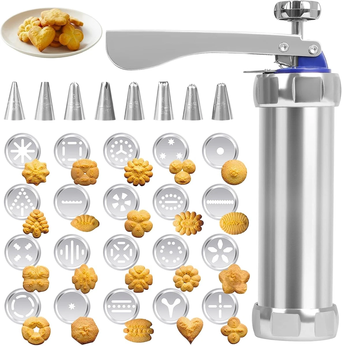 Gebäckpresse Aus Edelstahl – Mit 8 Schablonen & 8 Tüllen, Für Kekse, Kuchen Und Cremes, DIY-Backzubehör Gebäckpresse Edelstahl