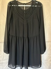 Express Women’s Black Chiffon Lace Yoke Sheer Boho Tunic Mini Dress Sz XS