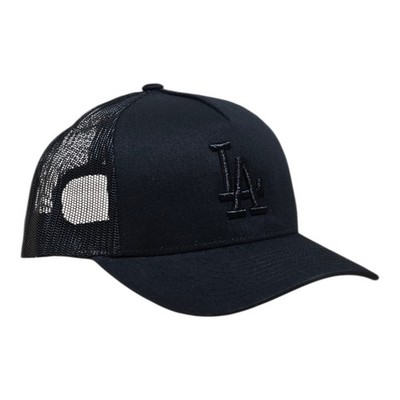 3D L A BLACK Embroidered on BLACK & BLACK Snapback Yupoong Trucker Style Hat NEW