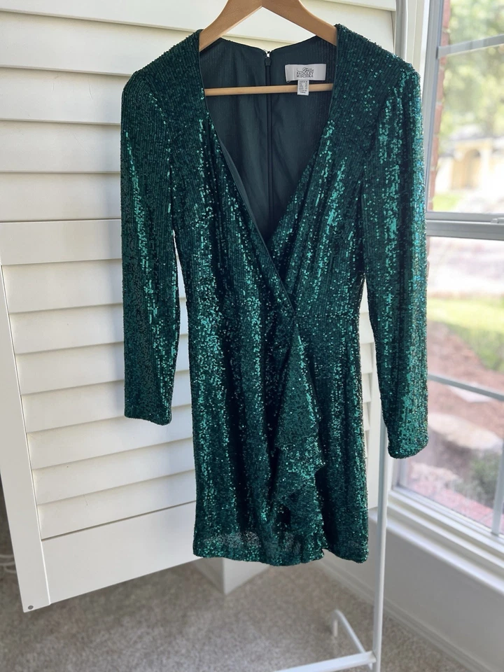 Belle Badgley Mischka Size 10 Sequin Wrap Mini Dress Emerald Green Party Holiday - Image 2 of 4