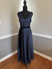 Navy Mesh Beaded Belted Sleeveless Long A-Line Dress Formal Party V-Neck