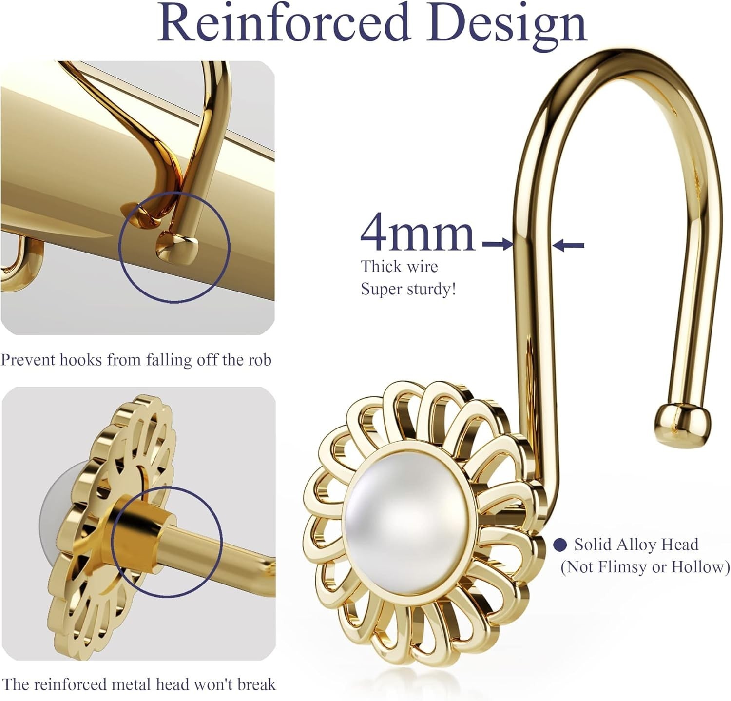 Shower Curtain Hooks Rings, Decorative Shower Curtain Hangers, Heavy Duty Gold